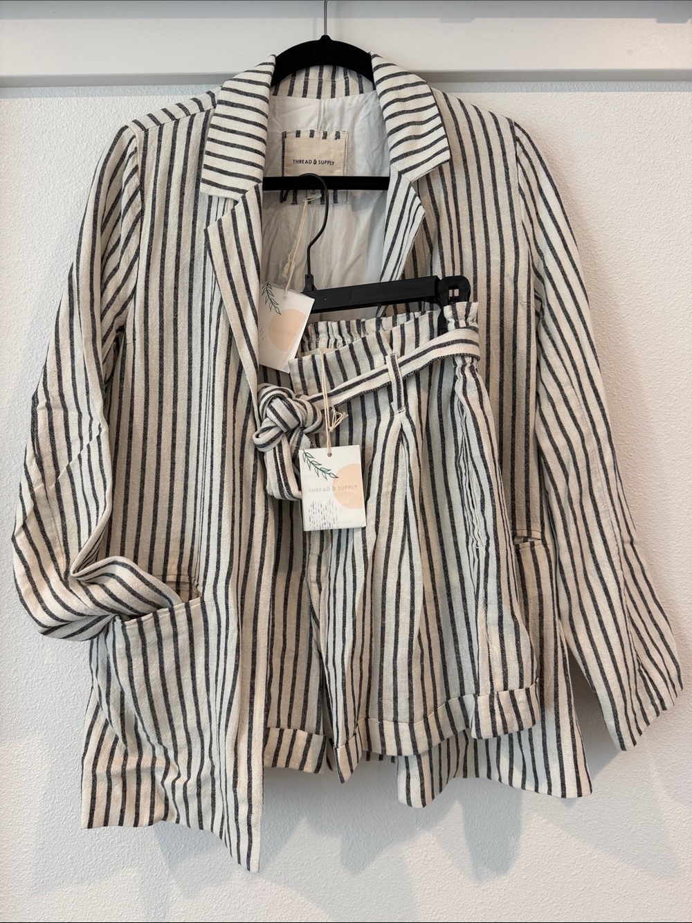 Thread & Supply Cream and Black Striped Linen-Blend Blazer and short set